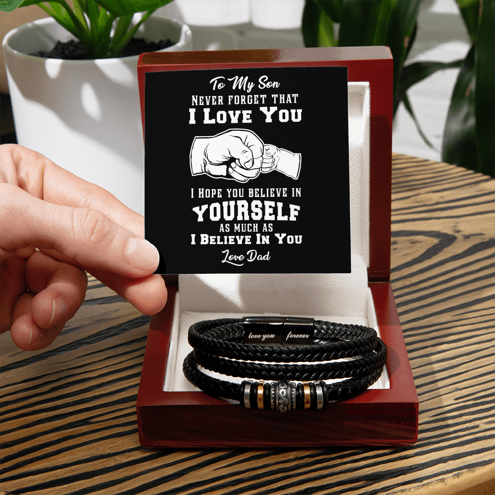 To My Son - Never Forget I Love You Forever, Stainless Steel, Vegan Leather Bracelet