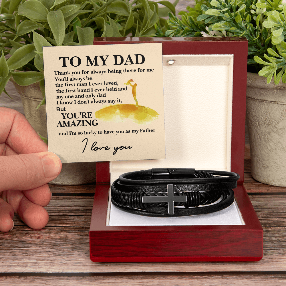 Gift For Dad - Men's Cross Leather Bracelet, Vegan Leather Stainless Steel